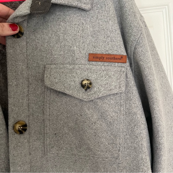 Large Simply Southern Gray Button Closure Sherpa Lined Shacket Jacket - Picture 2 of 5